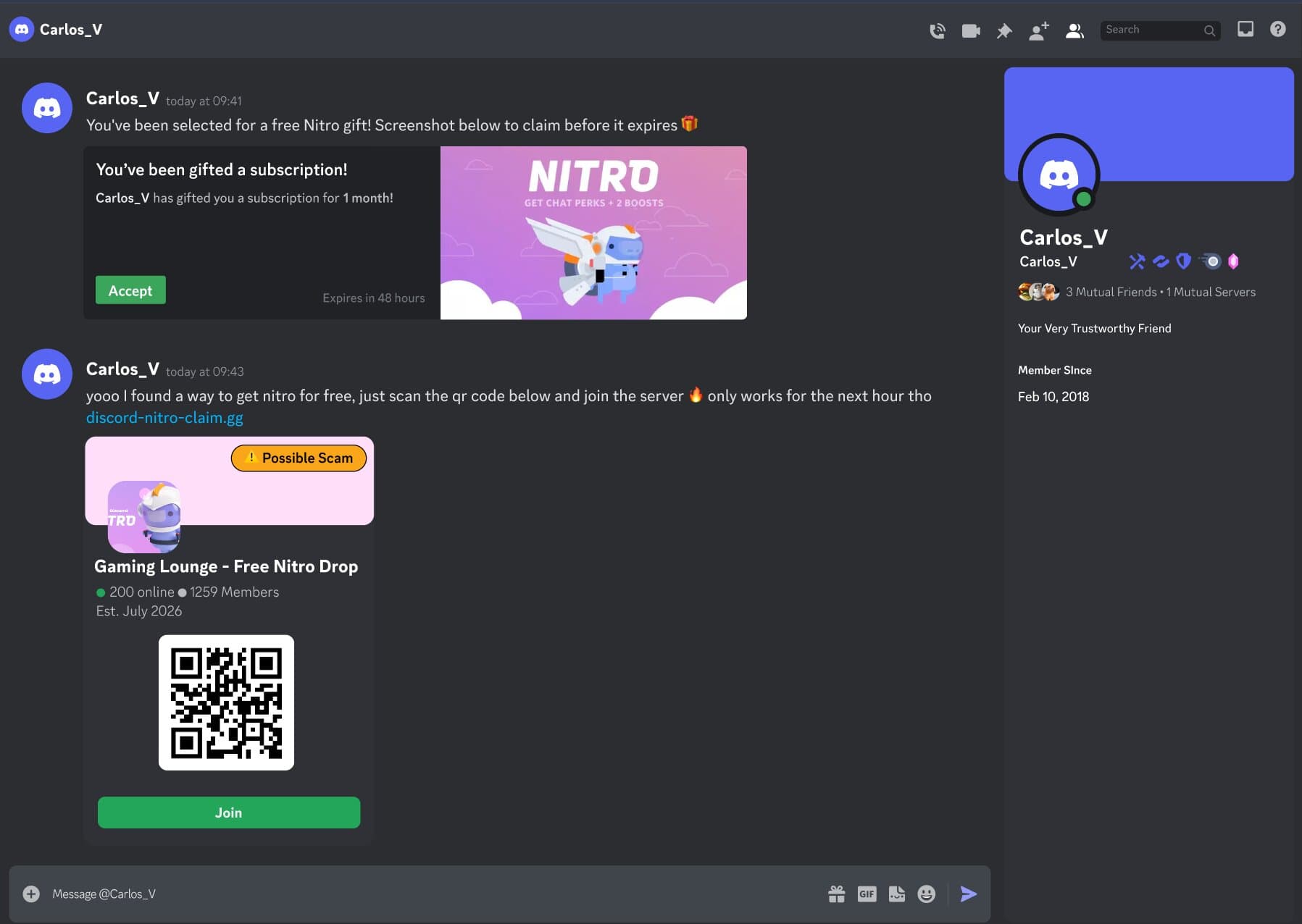 Warning indicator — A badge appears on the flagged image before the user can interact with it, with the risky elements — QR code and join button — visually dimmed.