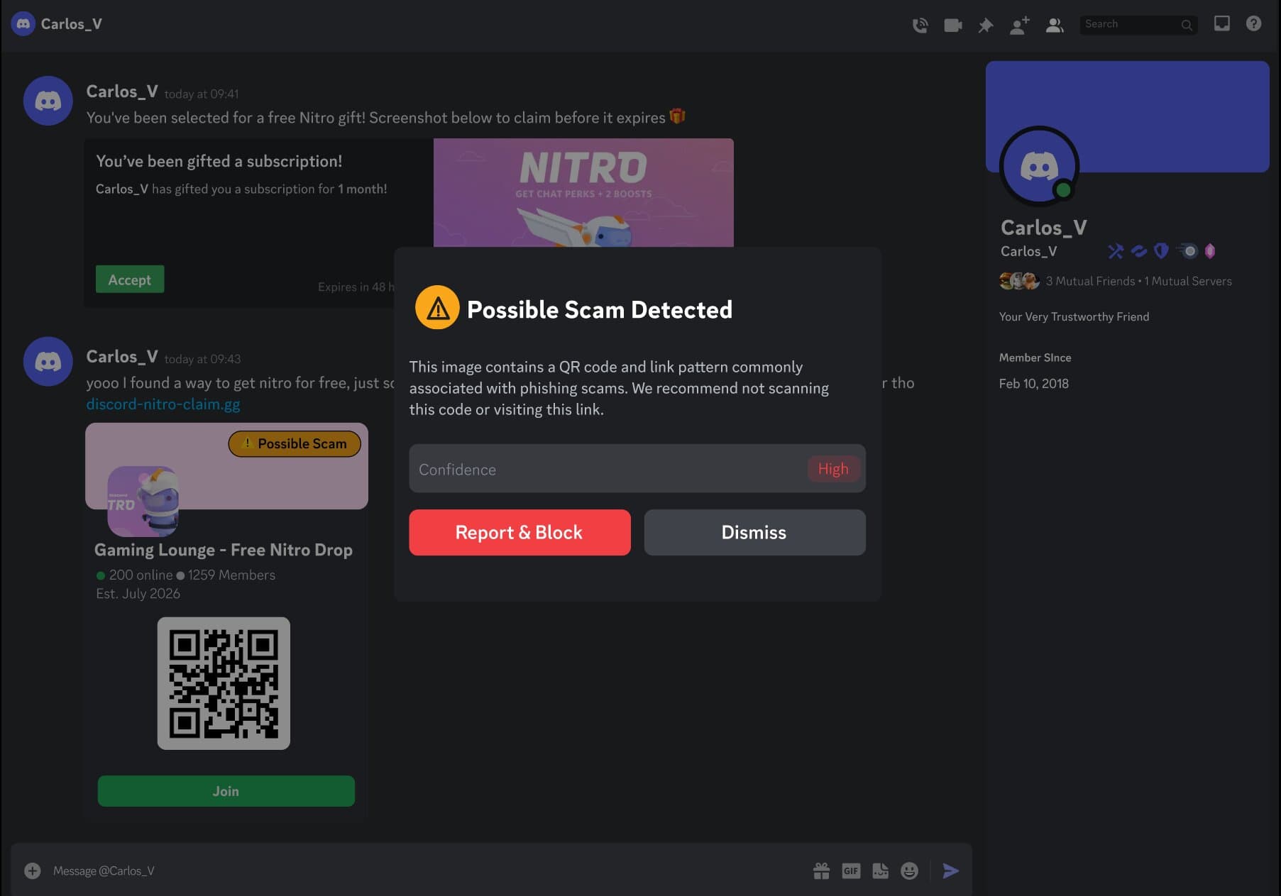 Why flagged — Tapping the badge opens an explanation of what was detected and a confidence level, with Report & Block and Dismiss as the two clear actions.